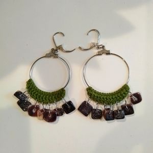 Boho Earrings Hand Crafted Shell and Knit Green Dangles